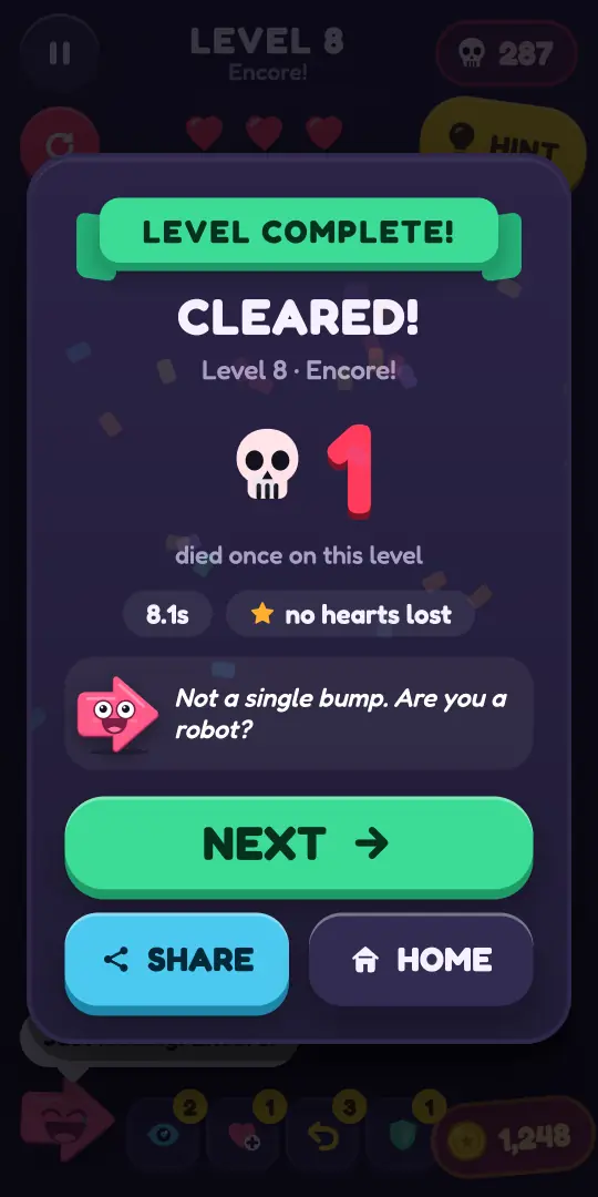 A LEVEL COMPLETE card: level cleared with one fail