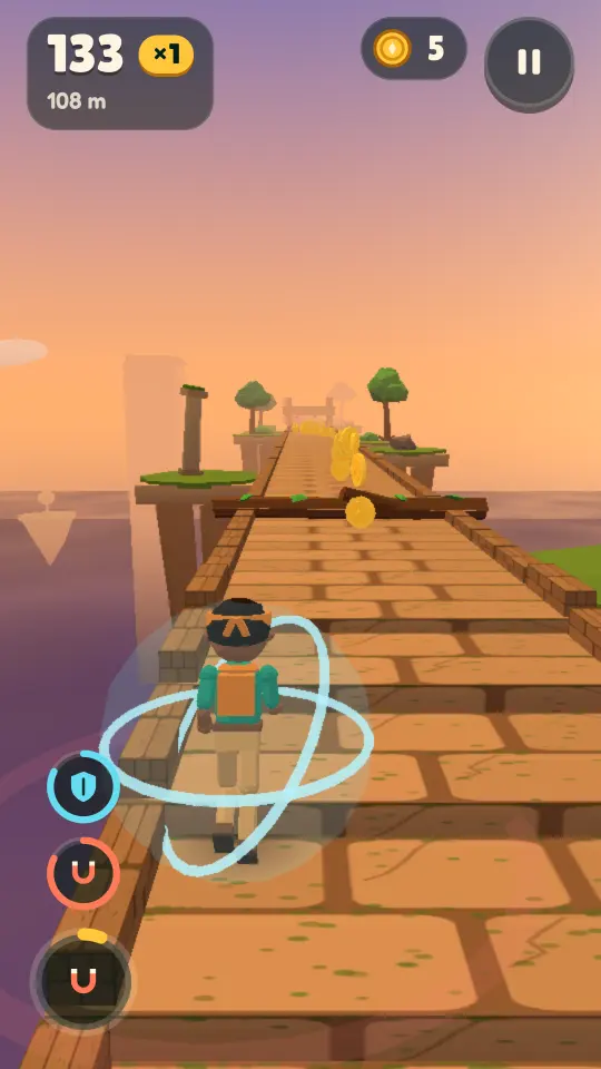 Bubble Shield and Coin Magnet power-ups active around the runner, with their timers in the HUD