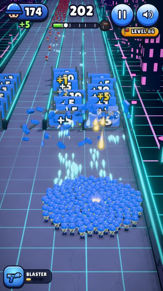 Neon City: the blue army breaking a wall of gates