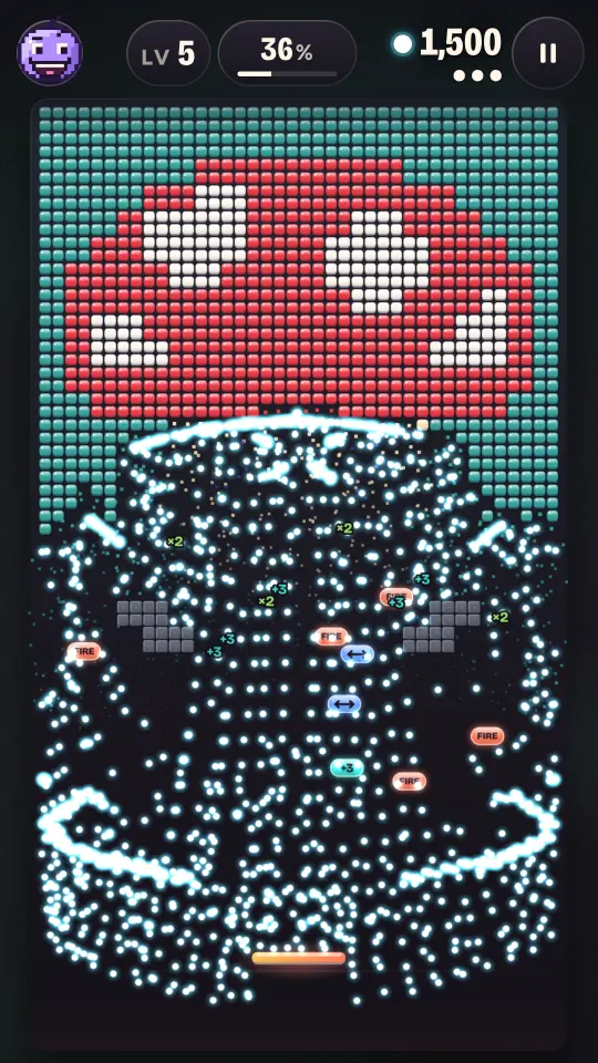 Hundreds of glowing balls fan out from the paddle and carve into a pixel mushroom made of bricks