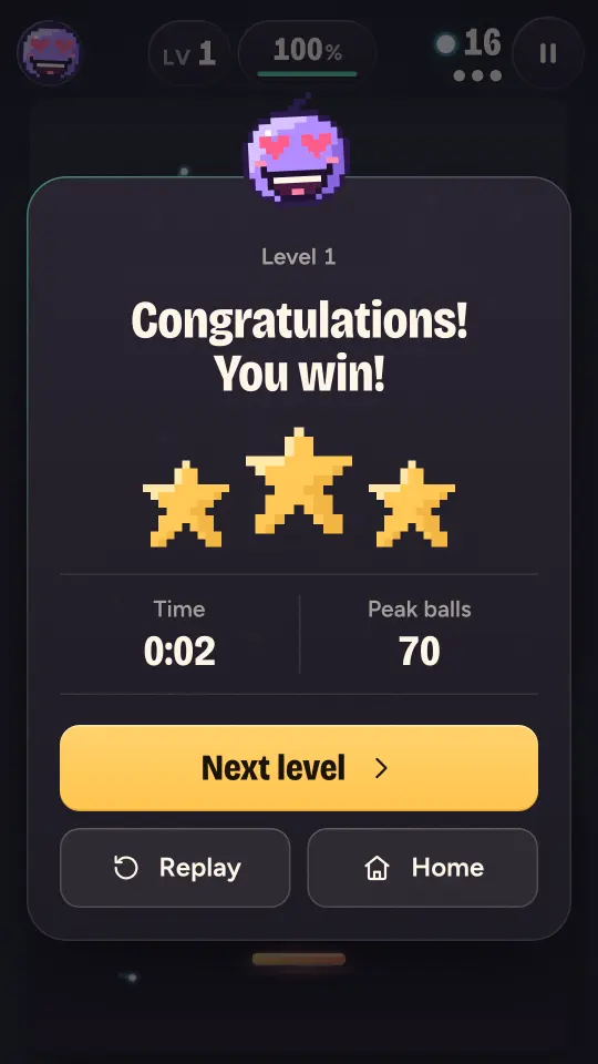 A real win card with three gold stars, the time and the peak ball count