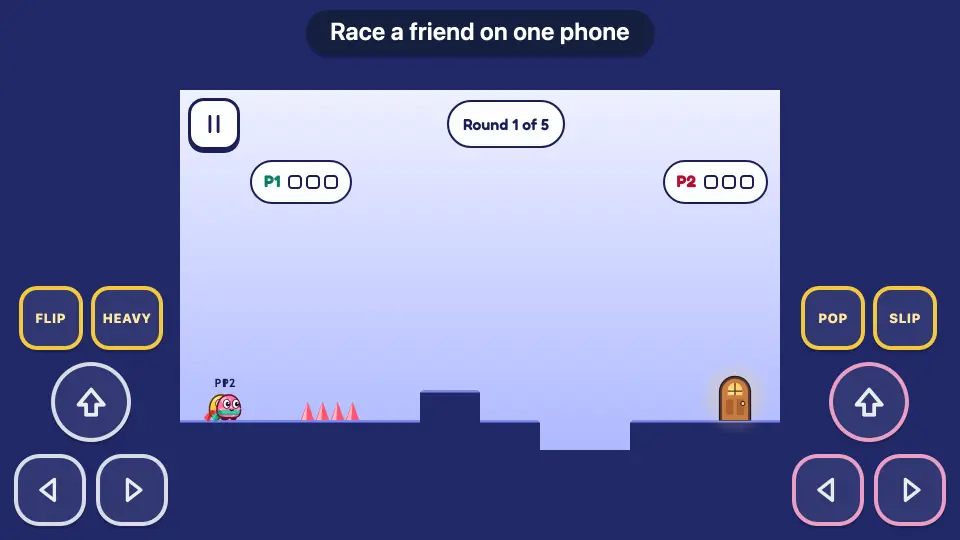 Two-player race on one phone, round 1 of 5, with sabotage buttons